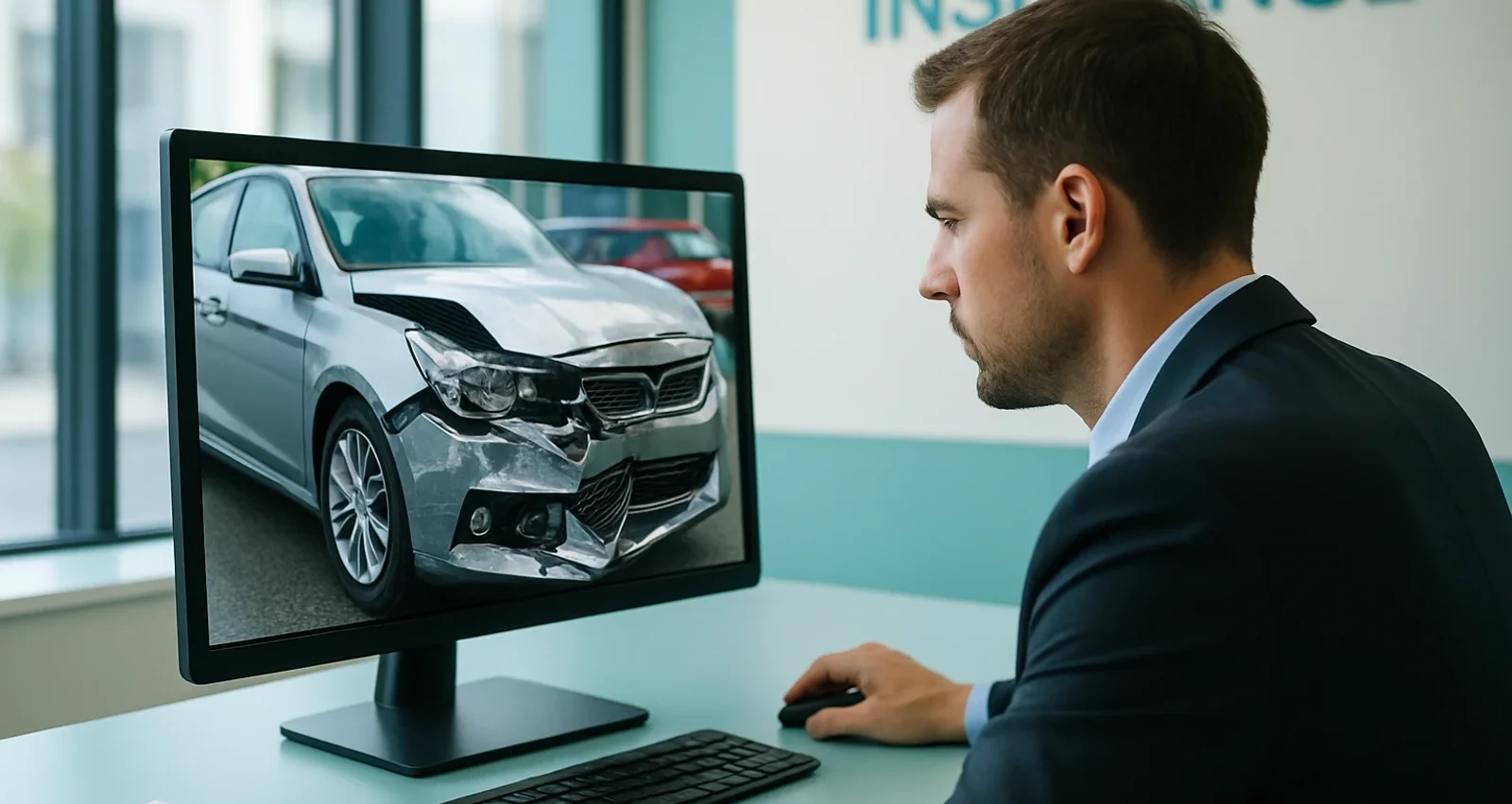 A sleek, modern claims office scene highlighting AI-generated damage photos insurance detection with screens showing digital manipulations.