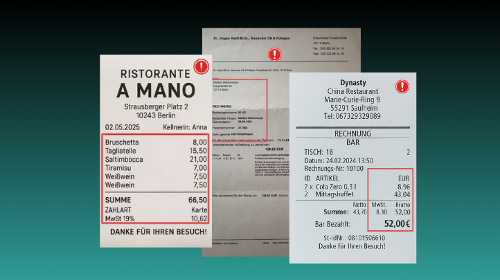 Three restaurant receipts on a dark teal gradient background with red warning icons, showing itemized bills from Ristorante A Mano, a medical invoice, and Dynasty China Restaurant.