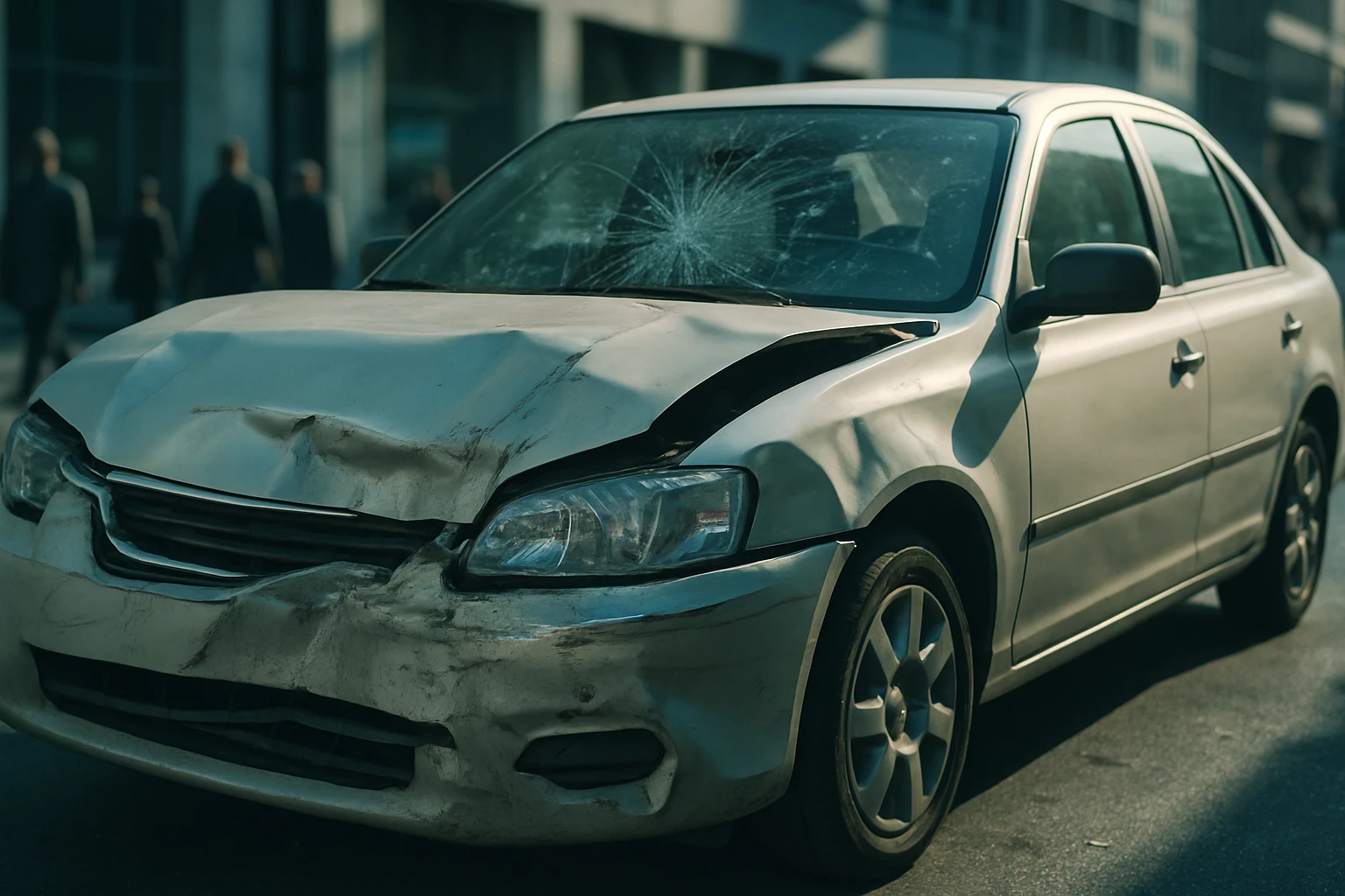 A car crash scene analyzed digitally, highlighting AI-driven tools for auto insurance crash photo manipulation detection.