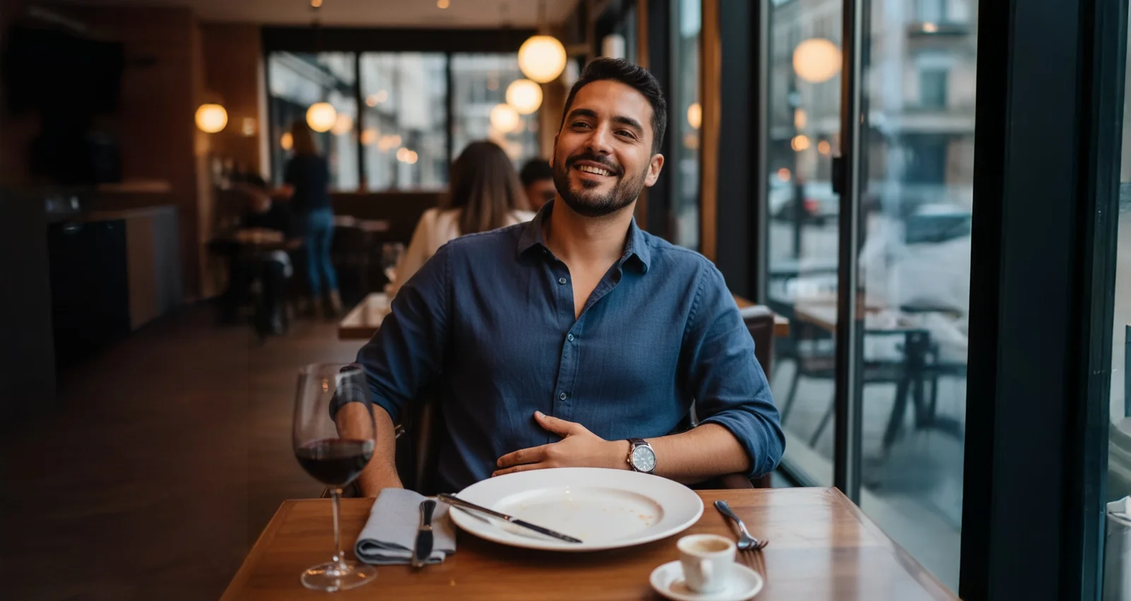 Deepfake of a young man sitting in a restaurant smiling, just as seen on dating apps.