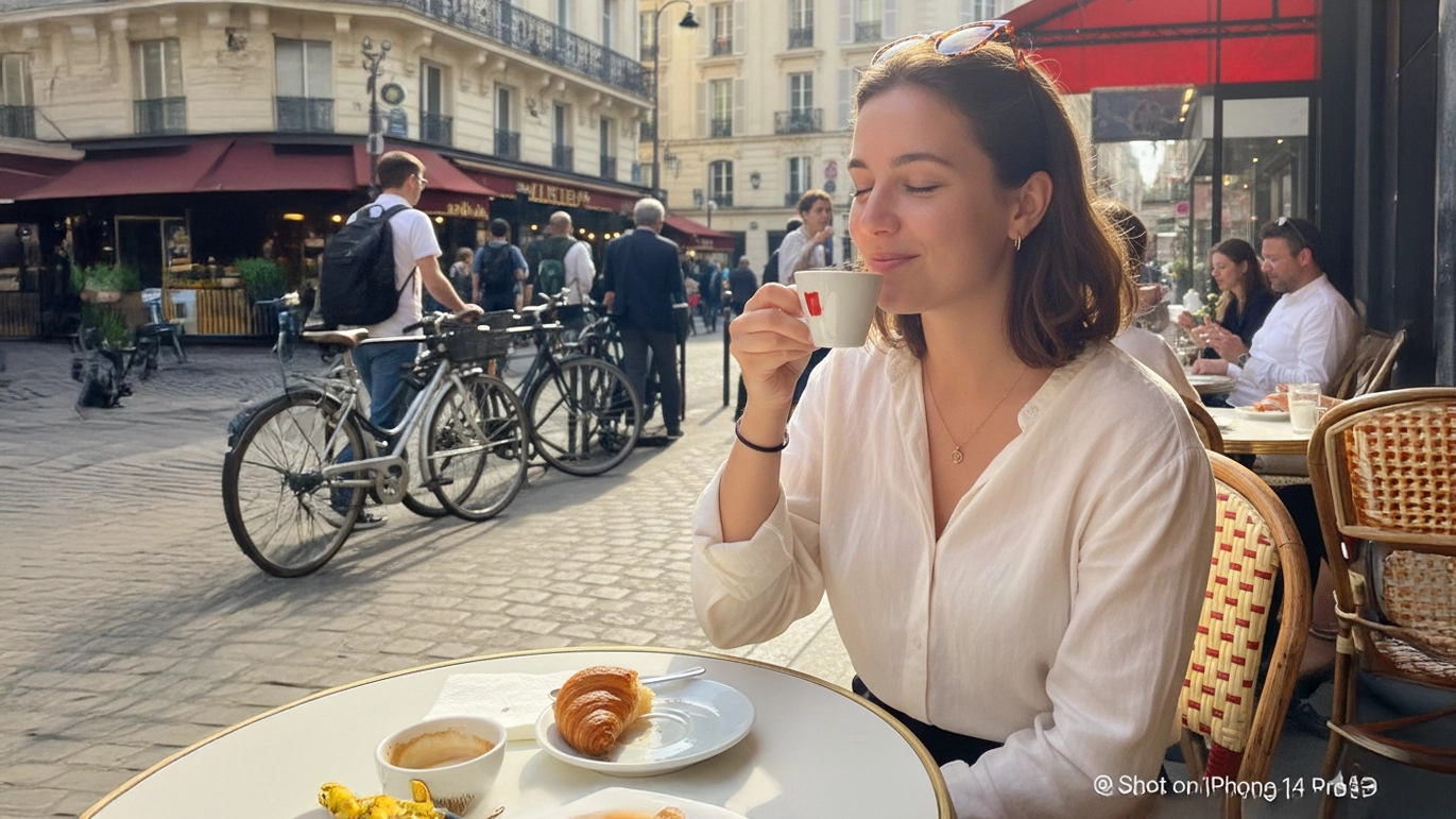 Ultra realistic, yet AI-generated scene of a young woman drinking coffee in Paris.
