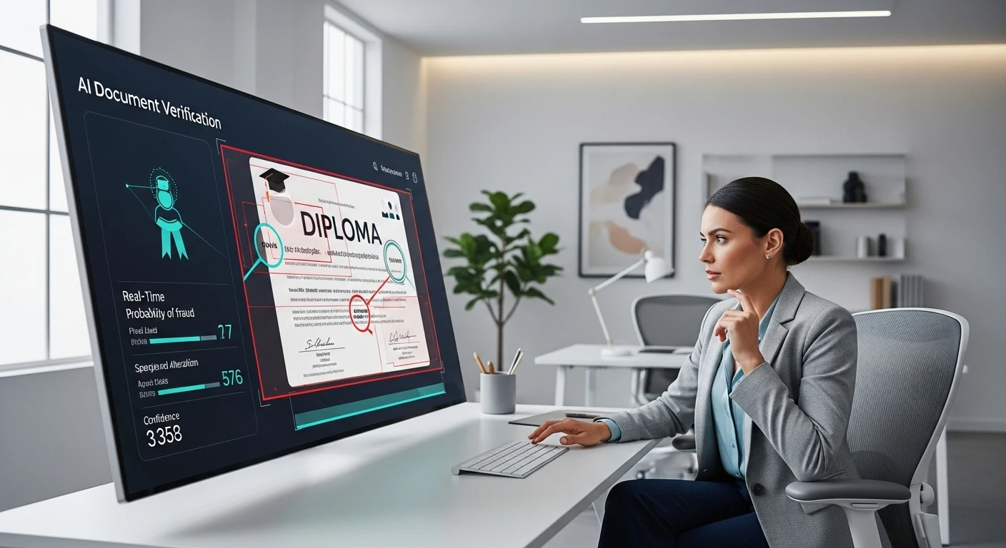 A photorealistic image of an AI system analyzing job application documents for forgery detection, capturing its advanced technology and precision.