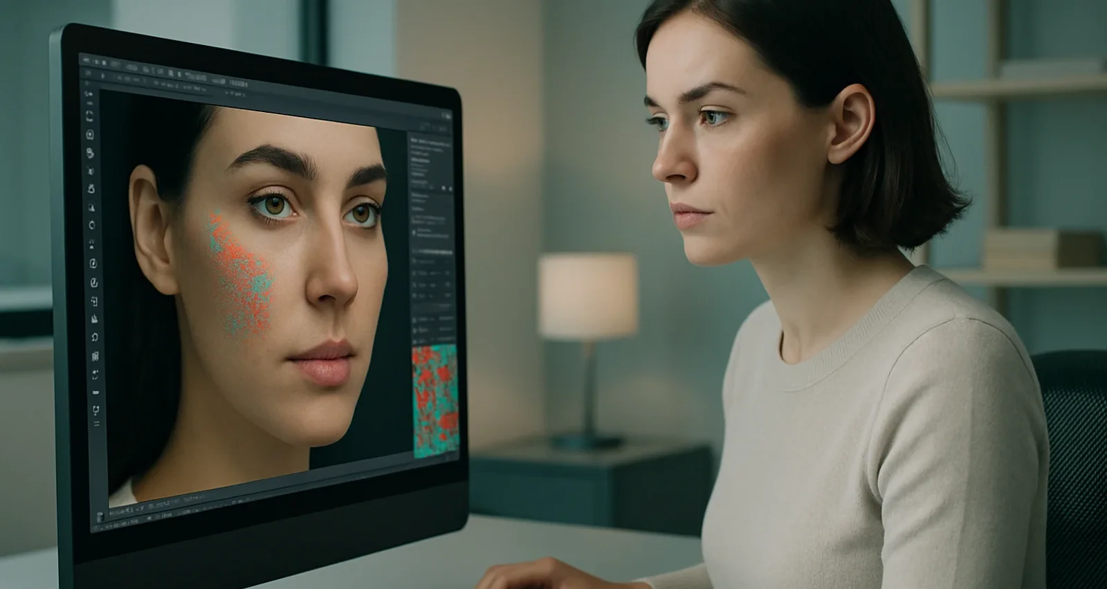 A sharp, modern scene showing a digital artist examining a screen filled with layers to detect manipulated digital photos.