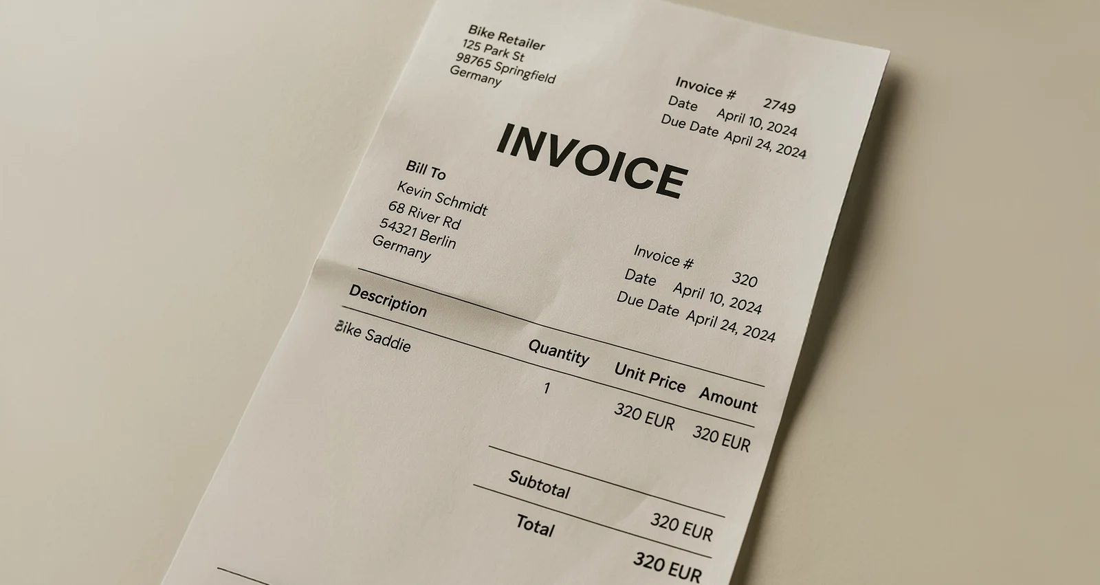 AI generated Invoice of a bike saddle
