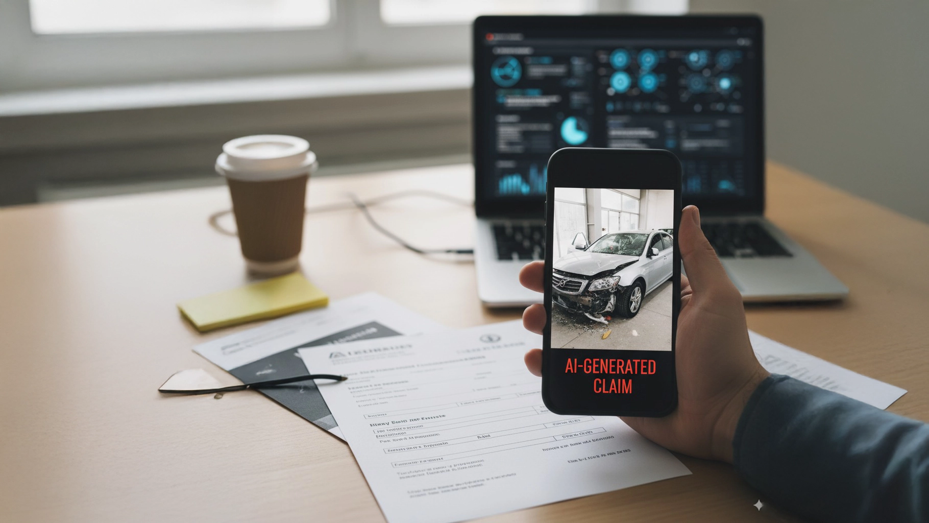Realistic visualisation of insurance fraud by using ai-generated images and documents.
