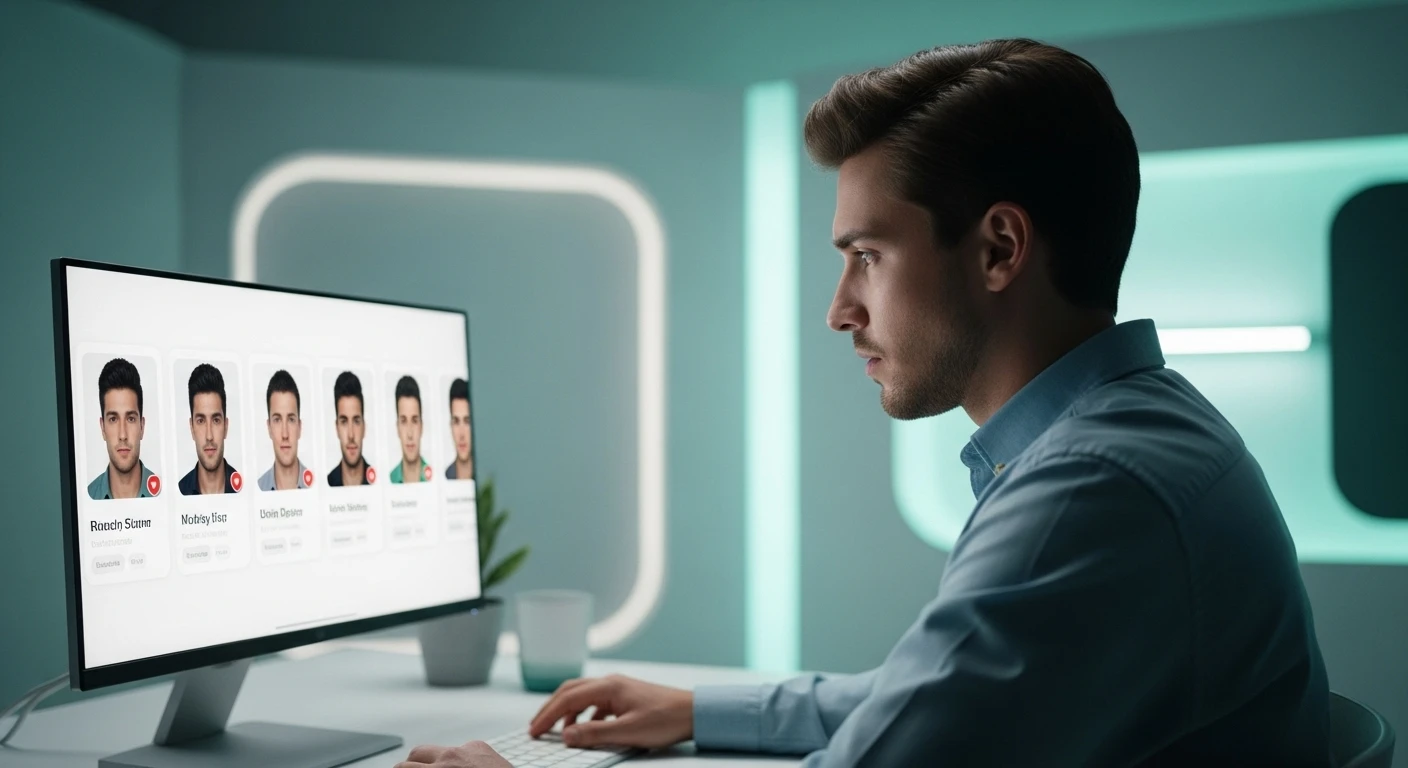 Modern cinematic visual showing a sharp yet unsettling depiction of online dating and digital identity with a cross-platform reverse image search theme.